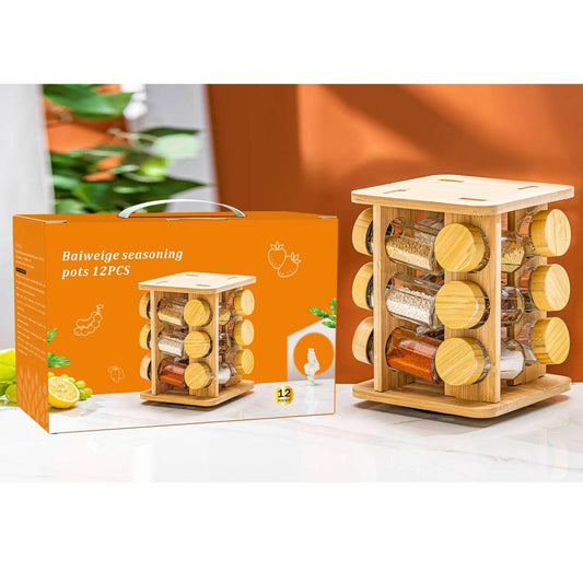 Kitchen Desktop Multi Functional Cooking Tool Spice Jars Organizer 3 Tiers 12 Cans Bamboo Rotating Spice Storage Rack
