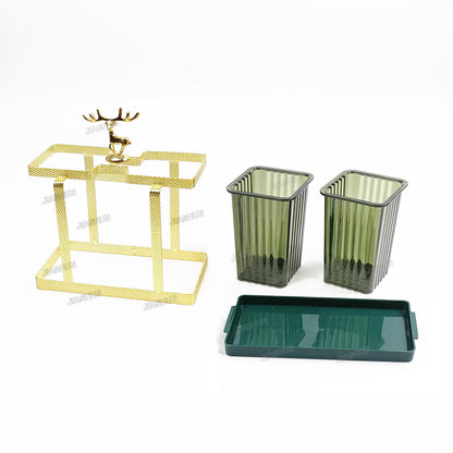 Stylish Home Kitchen Tableware Organizer Rack Gold Plating Metal Green Plastic Cutlery Holder with Drain Tray