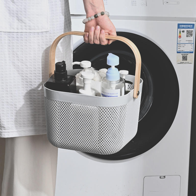 Kitchen &amp; Living Room Storage and Organization Basket with Bamboo Handle – PP Plastic Multipurpose Organizer