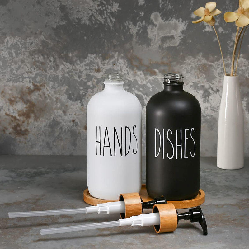 6oz / 500ml Glass Lotion &amp; Soap Dispenser – White &amp; Black with Bamboo Pump Cover