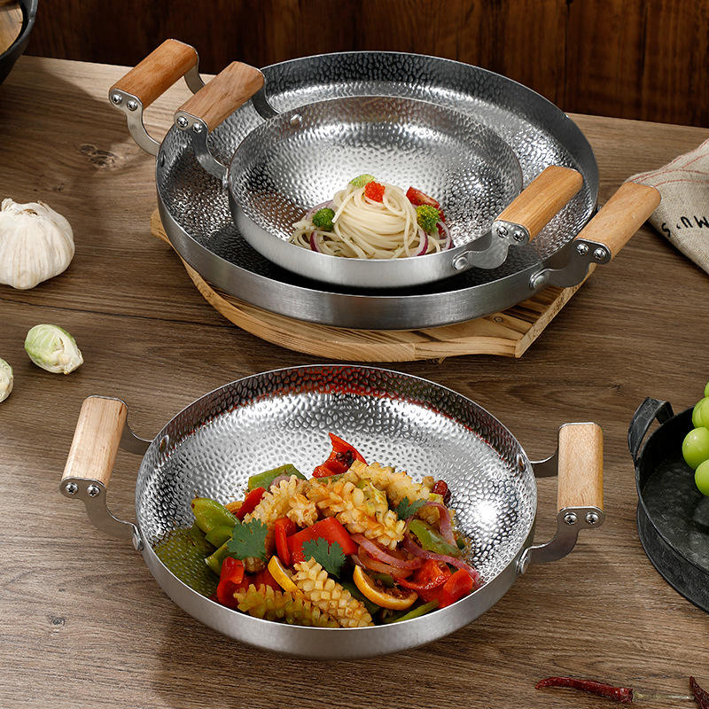Commercial Restaurant Stainless Steel Spanish Frying Pans Seafood Paella Pan With Double Handle