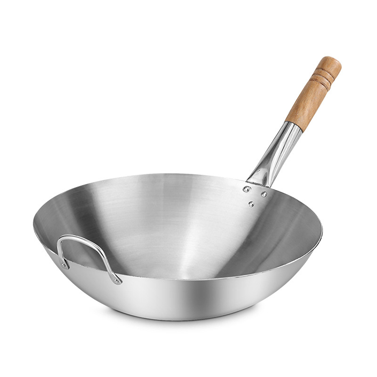 Wooden Handle Round Bottom Large 304 Stainless Steel Wok Pan – Commercial Cooking Wok