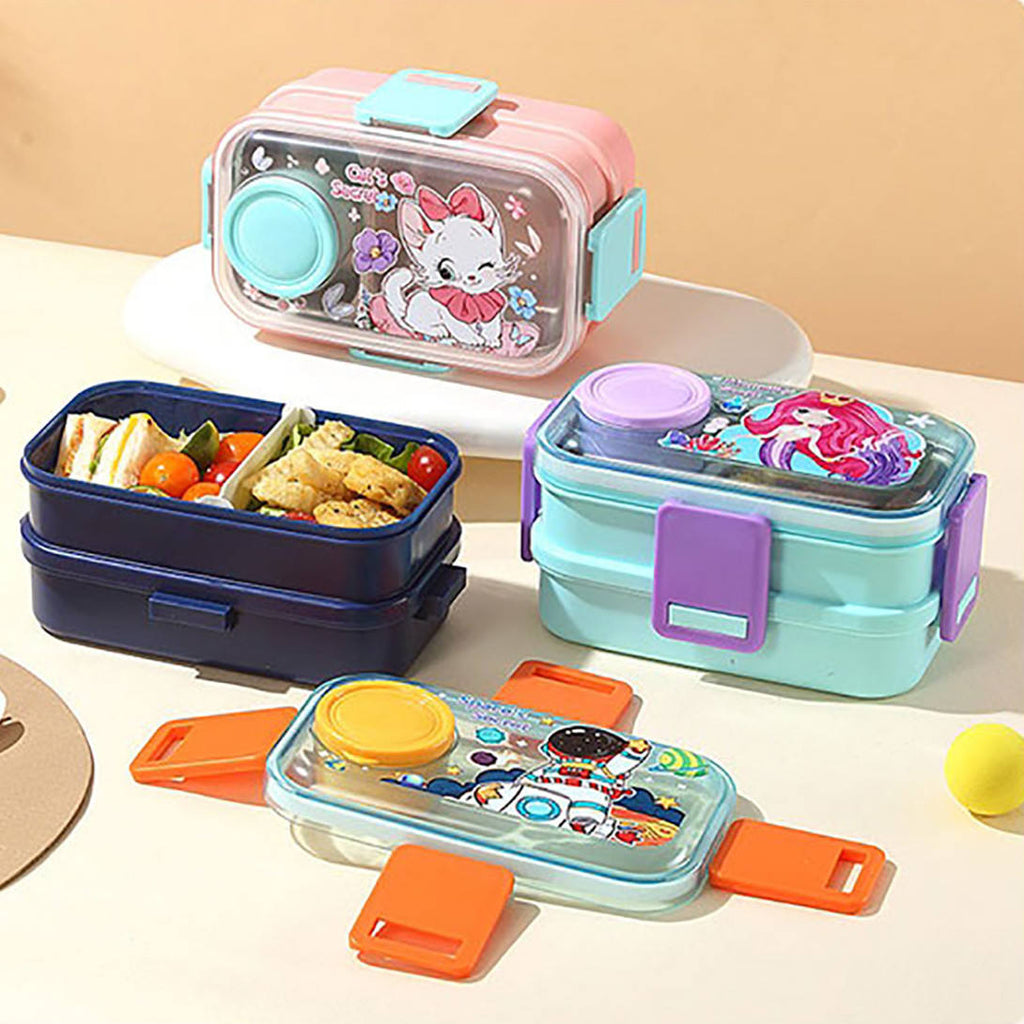 Plastic Cartoon 2-layer Lunch Box 500ml + Outside Bowl 80ml with Spoon