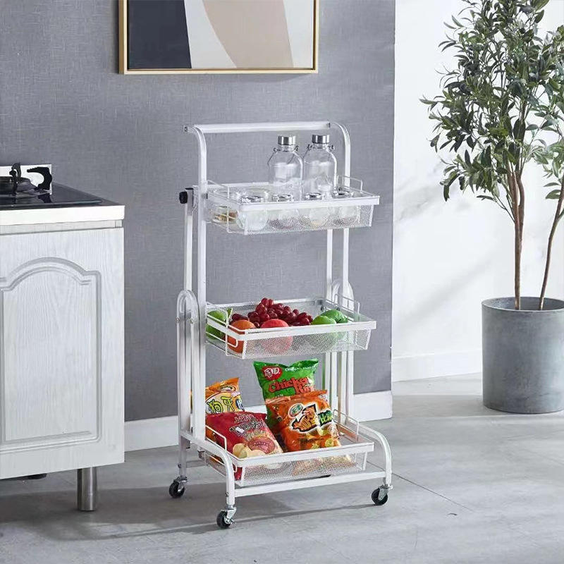 Hot Sale Household White Carbon Steel 3 Tier Kitchen Storage Rack Cart Foldable Kitchen Trolley with Wheels