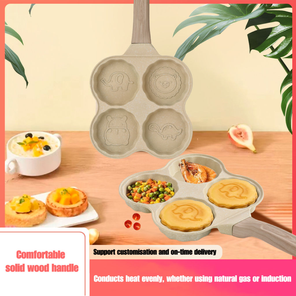 Cartoon Animal Patterns Four-Hole Non-Stick Aluminum Alloy Wooden Handle Frying Pan for Home Cooking Egg Pancake Breakfast