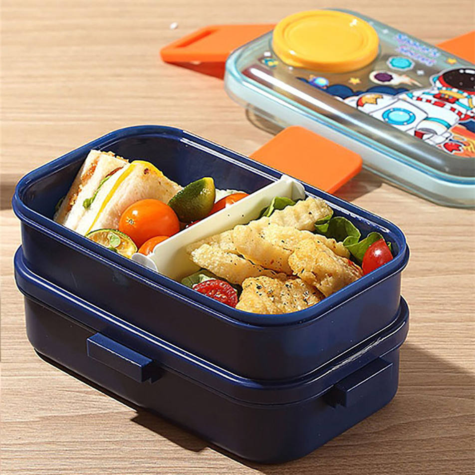 Plastic Cartoon 2-layer Lunch Box 500ml + Outside Bowl 80ml with Spoon