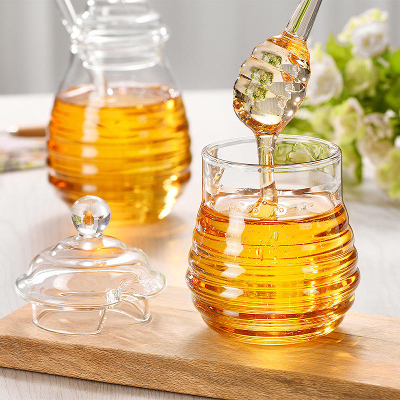 300ml Handmade Honey Jar – Honeycomb Glass with Dipper