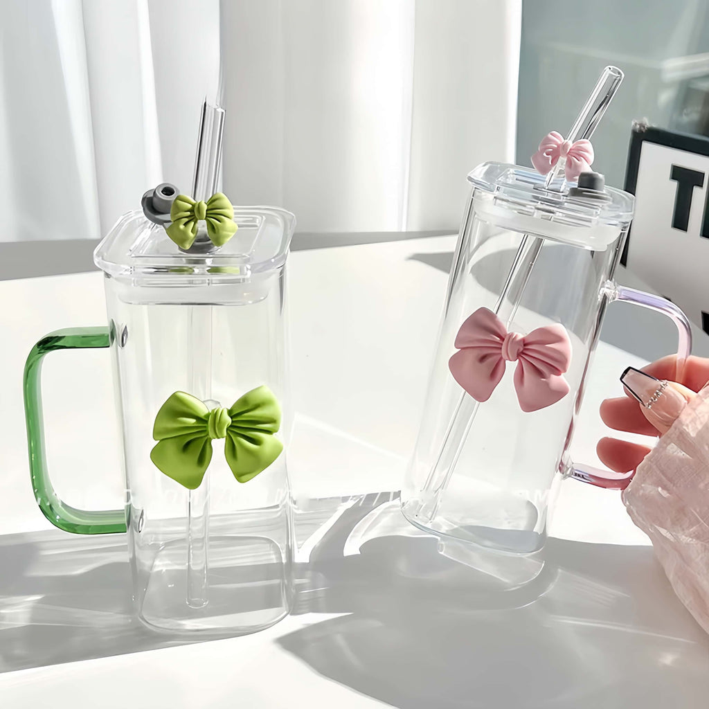 New High Value Straw Cup Ins Style pink Bow Glass Cup Glass Cup with Lid and Straw