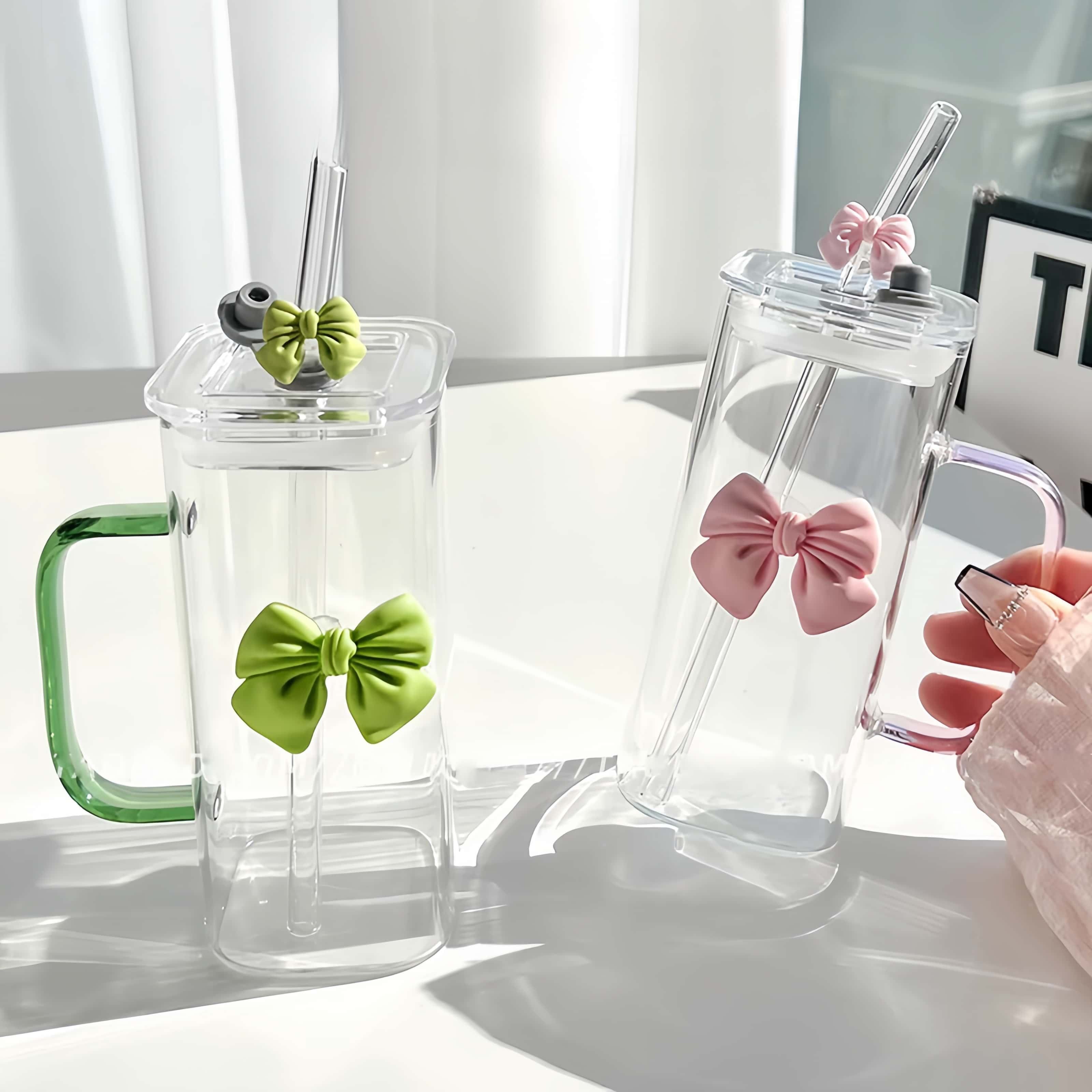 New High Value Straw Cup Ins Style pink Bow Glass Cup Glass Cup with Lid and Straw
