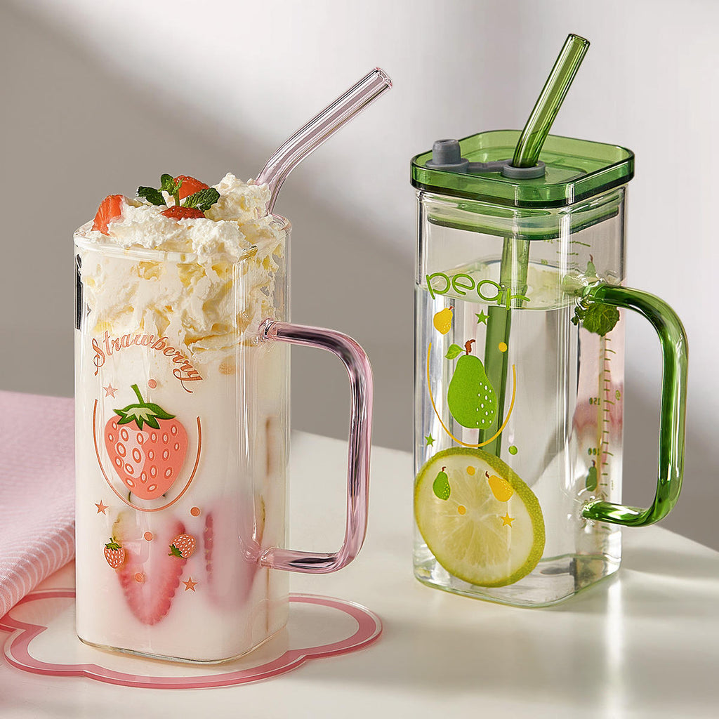 New Fashion 350ml Square Glass Reusable High Borosilicate Clear Beer Boba Drinking Mug Glass Cup with Lid and Straw