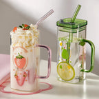 New Fashion 350ml Square Glass Reusable High Borosilicate Clear Beer Boba Drinking Mug Glass Cup with Lid and Straw