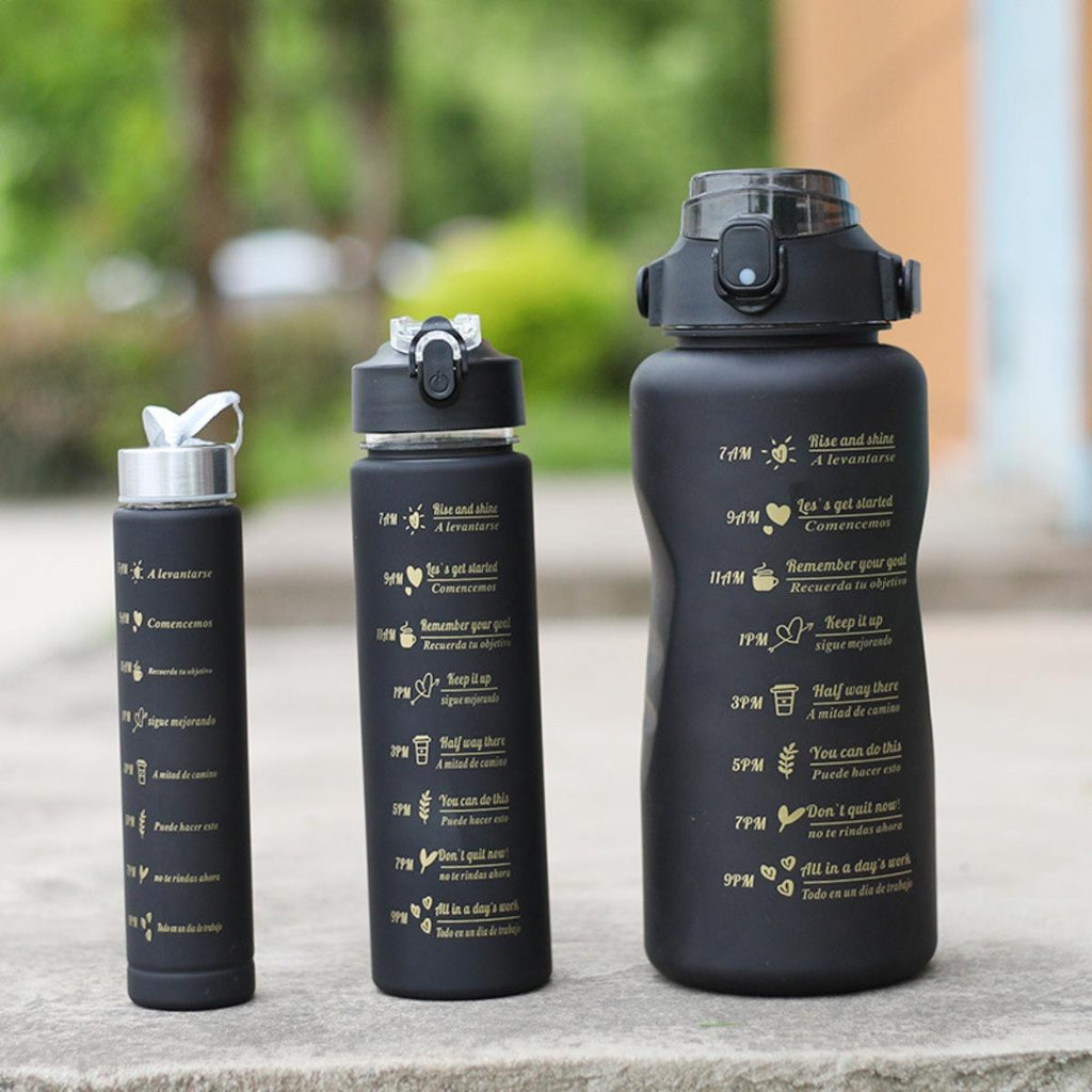 3-in-280ml/750ml/2000ml Capacity PP PC Silicon Food Grade Motivational Water Bottle with Time Marker One Click Open Cap