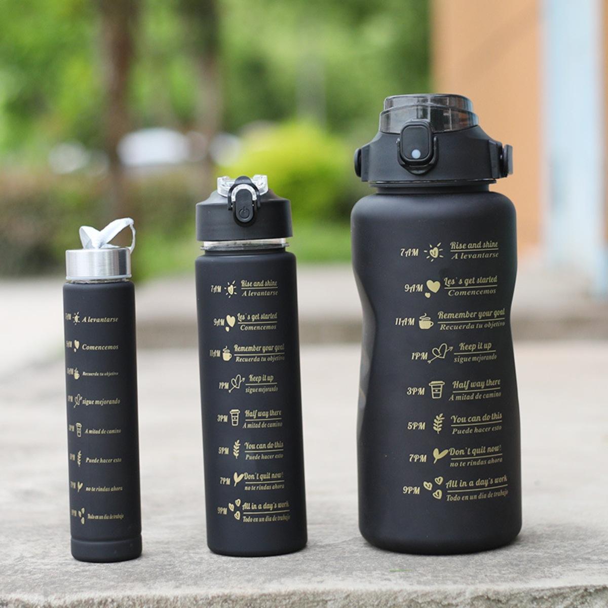 3-in-280ml/750ml/2000ml Capacity PP PC Silicon Food Grade Motivational Water Bottle with Time Marker One Click Open Cap