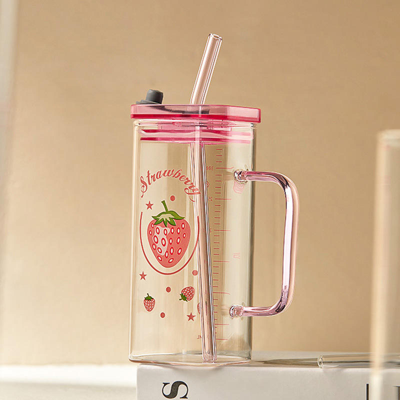 New Fashion 350ml Square Glass Reusable High Borosilicate Clear Beer Boba Drinking Mug Glass Cup with Lid and Straw