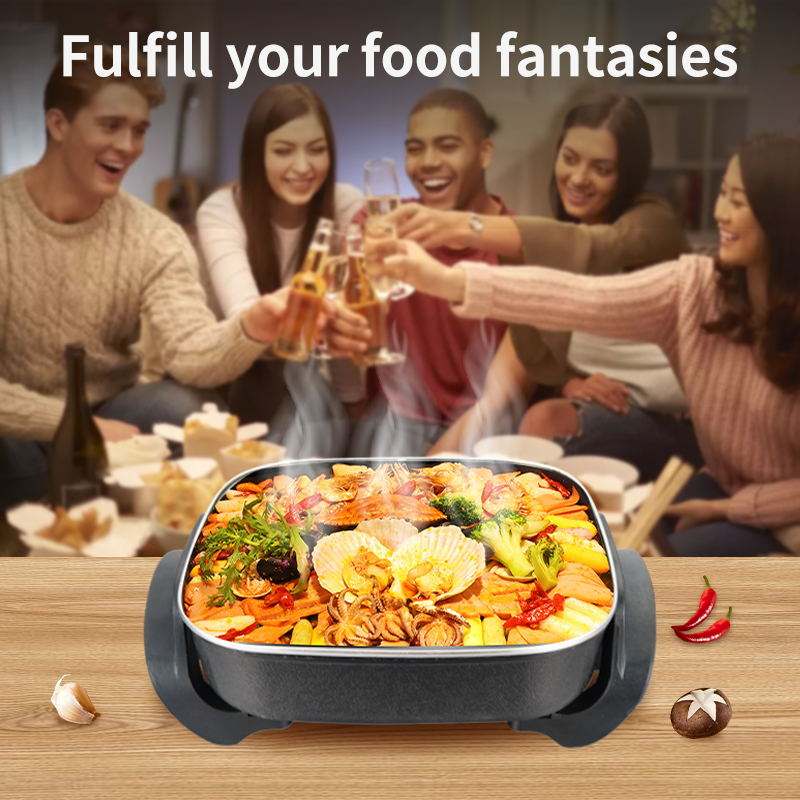 110V 220V 6L 1500W Adjustable Temperature Control Nonstick Coating Electric Skillet and Frying Pan with Glass Lid