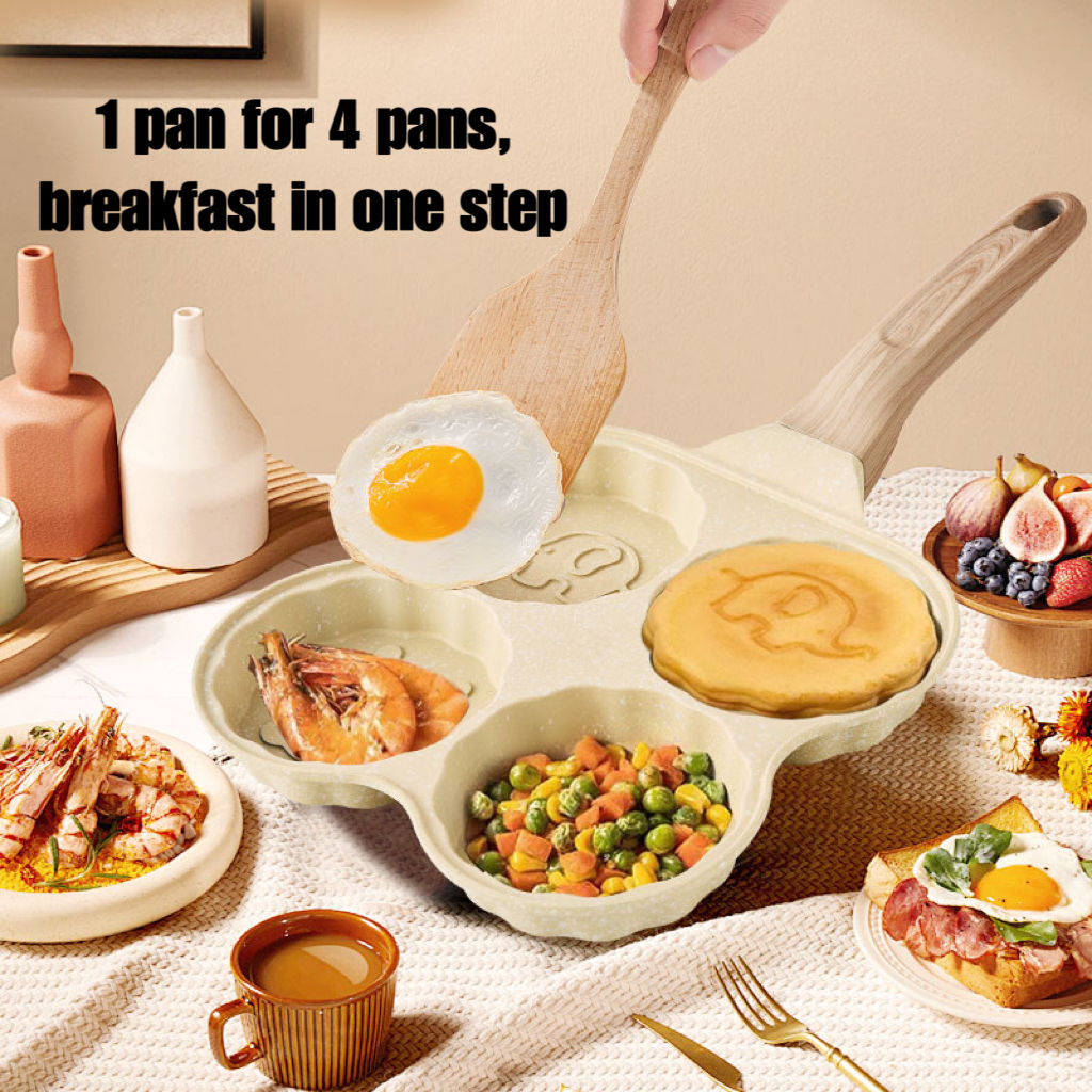 Cartoon Animal Patterns Four-Hole Non-Stick Aluminum Alloy Wooden Handle Frying Pan for Home Cooking Egg Pancake Breakfast