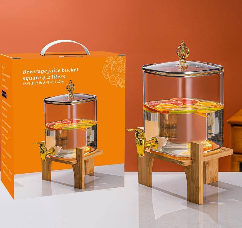 Premium Glass Beverage square Juice Bucket with Lid and Tap Fresh Squeezed Juice Dispenser and Storage