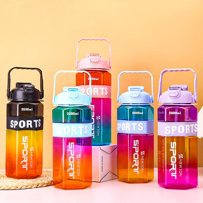 3-in-280ml/750ml/2000ml Capacity PP PC Silicon Food Grade Motivational Water Bottle with Time Marker One Click Open Cap