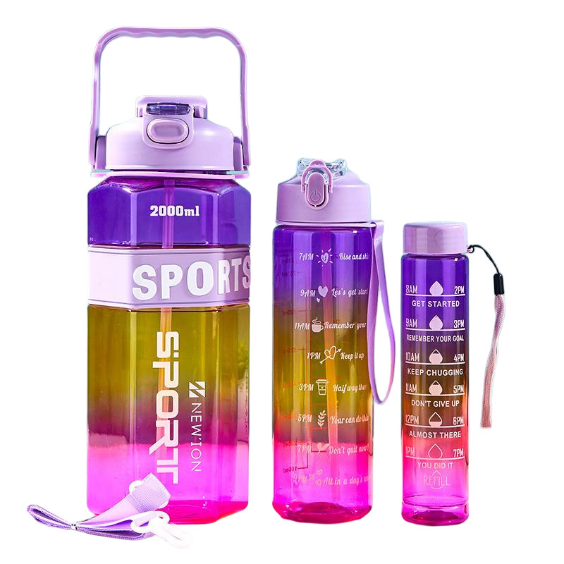 3-in-280ml/750ml/2000ml Capacity PP PC Silicon Food Grade Motivational Water Bottle with Time Marker One Click Open Cap