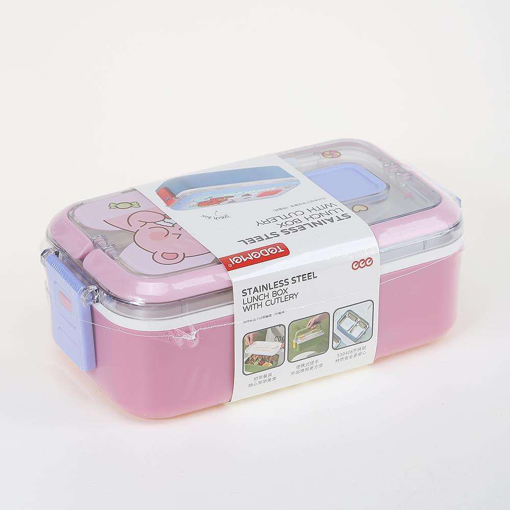 304 Stainless Steel Bento 2 Compartments Lunch Box with Spoon & Fork
