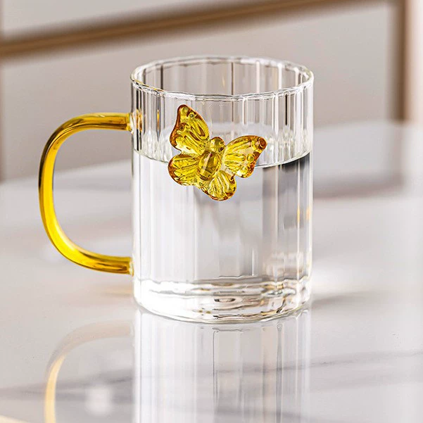 High Borosilicate 3d Butterfly Striped Glass Cup Creative Colored Handle Glass Mugs