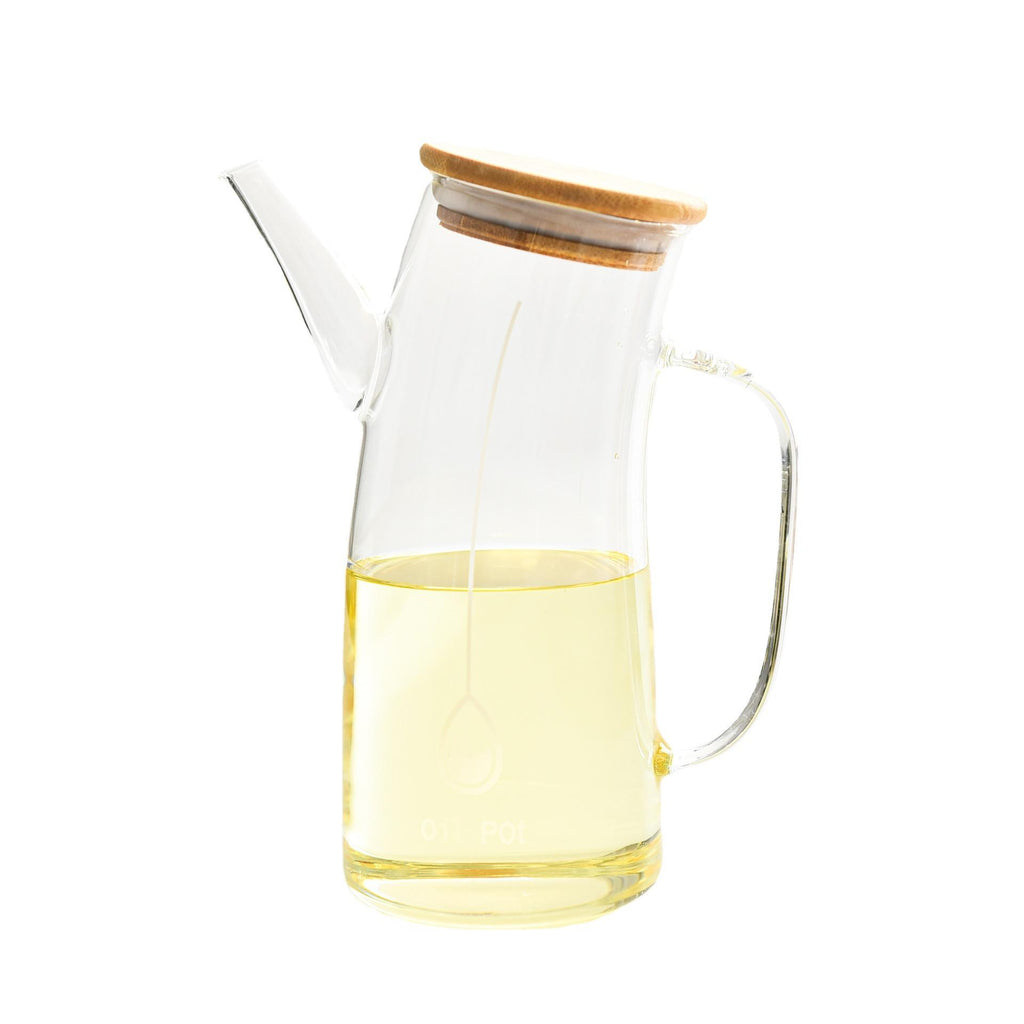 High Borosilicate Glass Oil Pot with Handle and Bamboo Lid – Transparent Thick Glass Oil Container for Kitchen