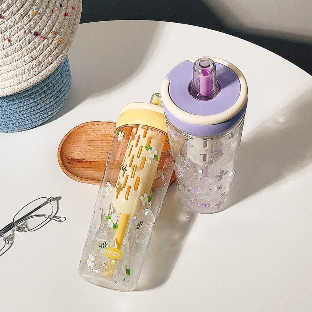 1000ml Cute Fruit &amp; Flower Print Plastic Water Bottle with Straw – BPA-Free Leak-Proof Tumbler for Kids
