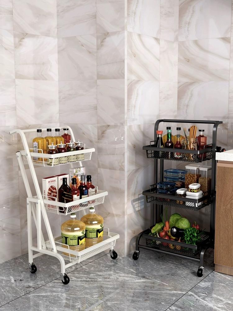 Hot Sale Household White Carbon Steel 3 Tier Kitchen Storage Rack Cart Foldable Kitchen Trolley with Wheels