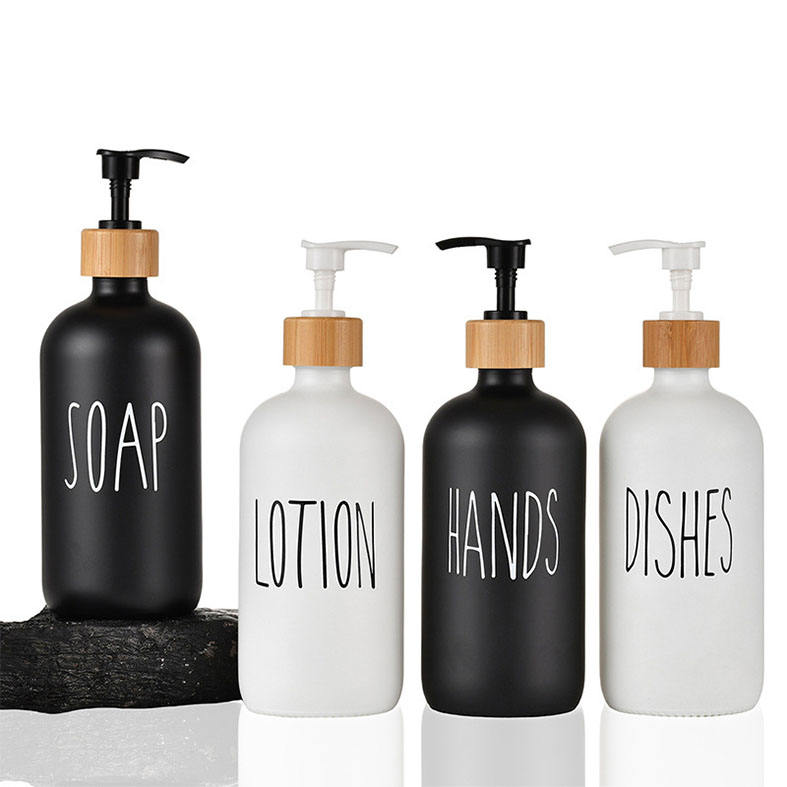 6oz / 500ml Glass Lotion &amp; Soap Dispenser – White &amp; Black with Bamboo Pump Cover