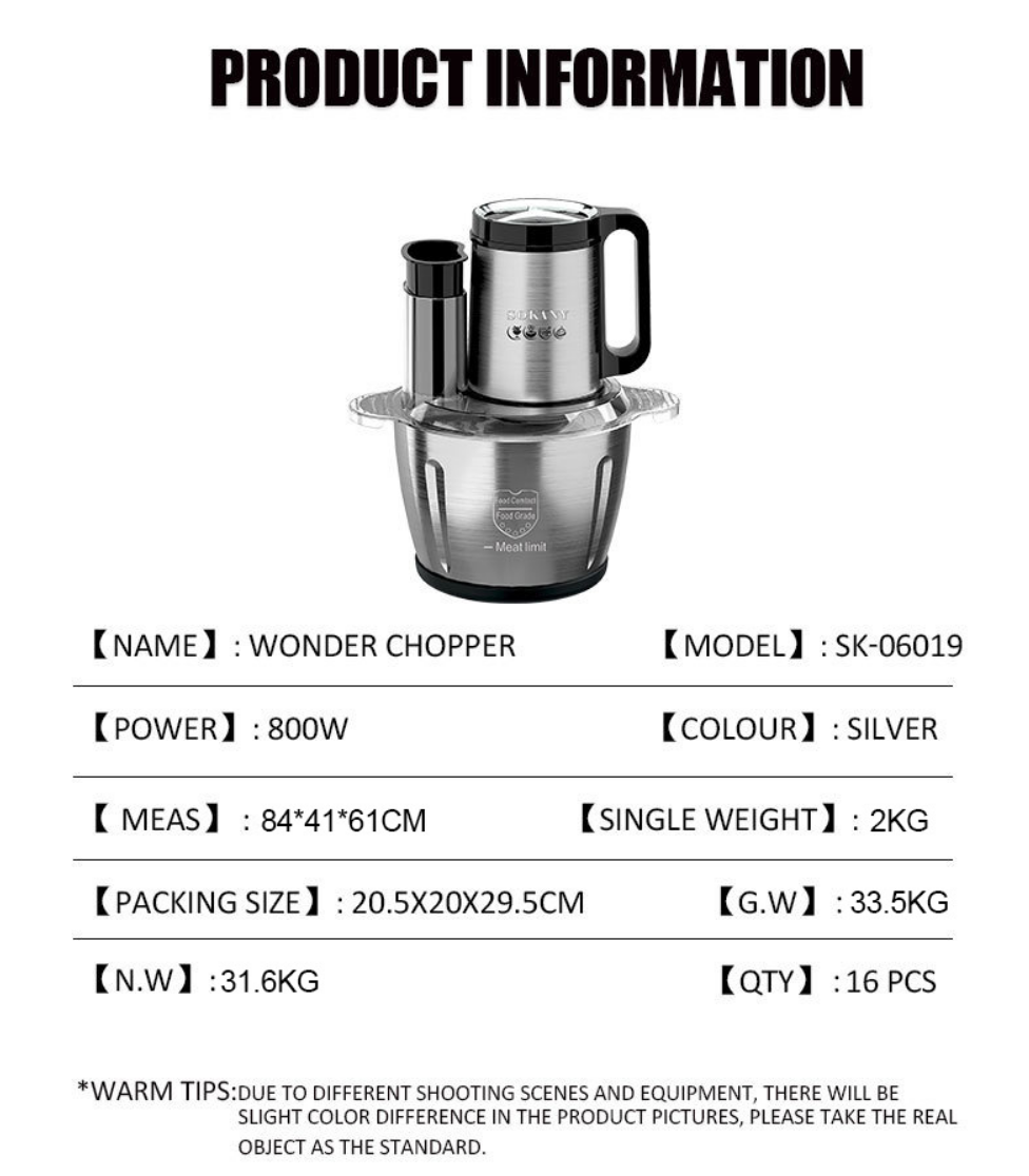 Electric Wonder Chopper Blender Multifunction Meat Grinder Stainless Steel Housing Brushless Motor 3L or 5L Capacity
