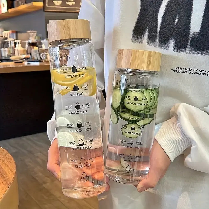 Custom Transparent 24oz 34oz Large Capacity Borosilicate Glass Water Bottle Time Marker Glass Drink Milk Bottle with Bamboo Lid