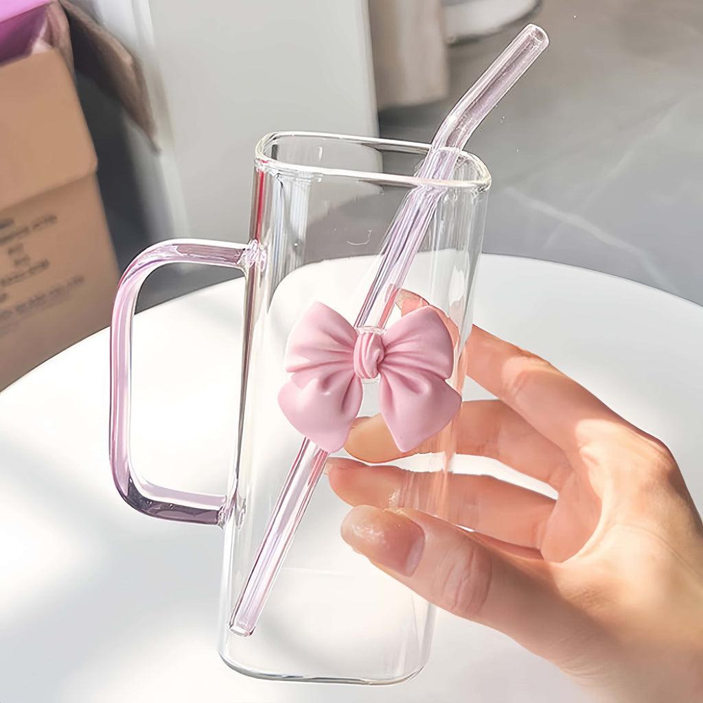 New High Value Straw Cup Ins Style pink Bow Glass Cup Glass Cup with Lid and Straw
