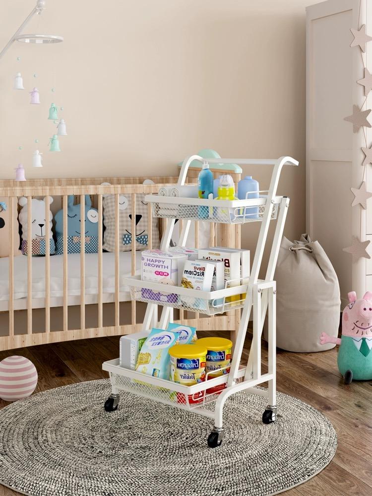 Hot Sale Household White Carbon Steel 3 Tier Kitchen Storage Rack Cart Foldable Kitchen Trolley with Wheels