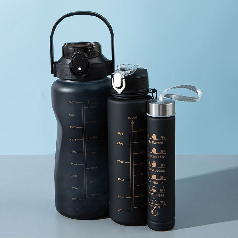 3-in-280ml/750ml/2000ml Capacity PP PC Silicon Food Grade Motivational Water Bottle with Time Marker One Click Open Cap