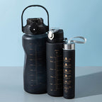 3-in-280ml/750ml/2000ml Capacity PP PC Silicon Food Grade Motivational Water Bottle with Time Marker One Click Open Cap