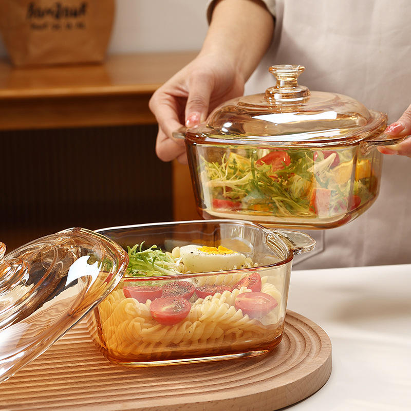 High Appearance Amber Glass Stockpot – Thickened Double Ear Bowl with Lid