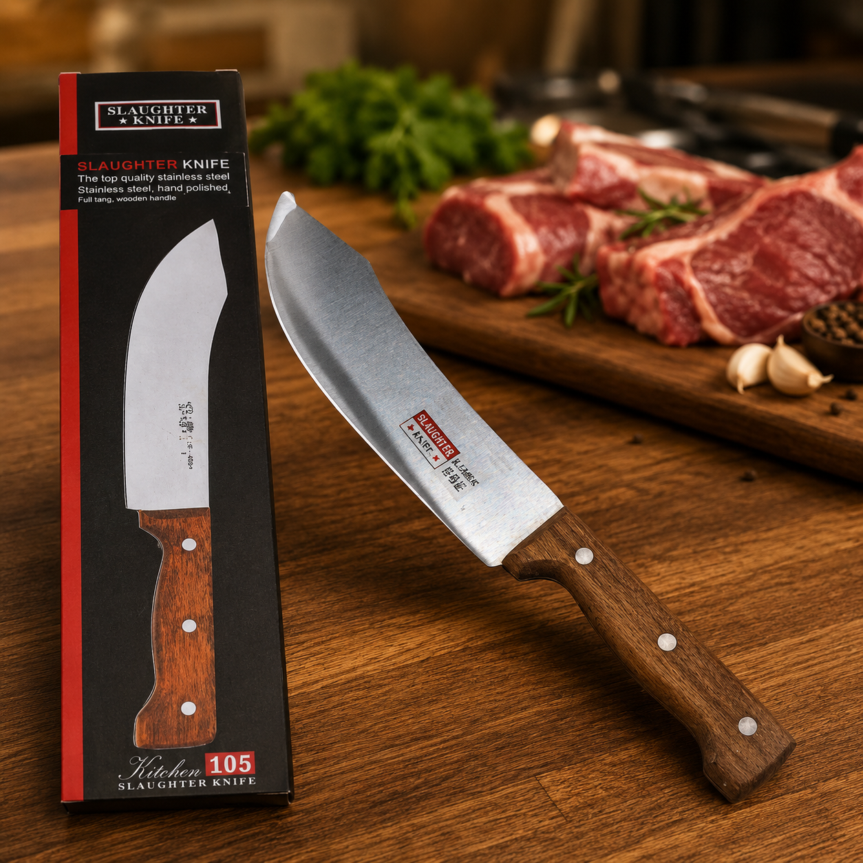 Hand Forged Carbon Steel Butcher Knife with Wooden Handle