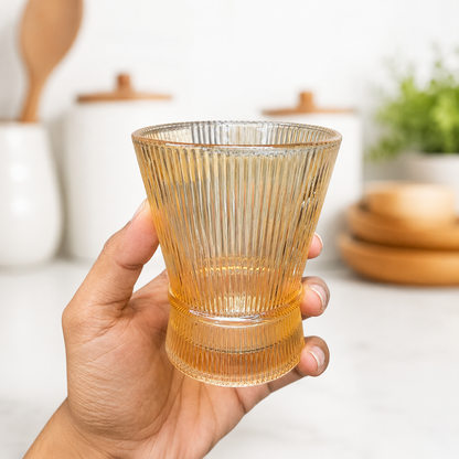 Striped Glass Coffee Cup | Ribbed Glass Tumbler for Coffee, Juice, Whiskey & Desserts