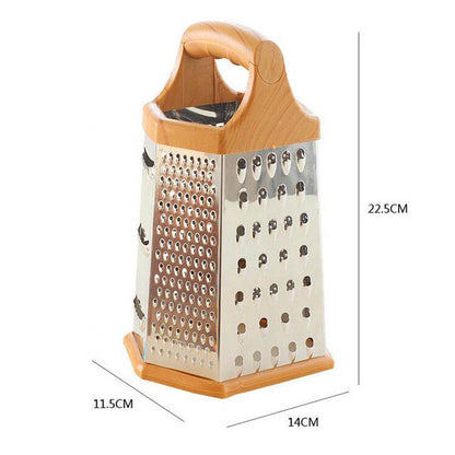 6-in-1 Multifunction Stainless Steel Box Grater with Wooden Handle | Vegetable Slicer, Cheese Grater & Peeler