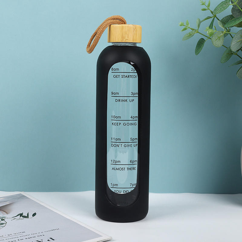 32 Oz Borosilicate Glass Water Bottle with Bamboo Lid | Leak-Proof Motivational Bottle with Silicone Sleeve