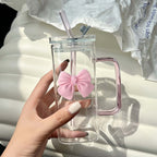 New High Value Straw Cup Ins Style pink Bow Glass Cup Glass Cup with Lid and Straw