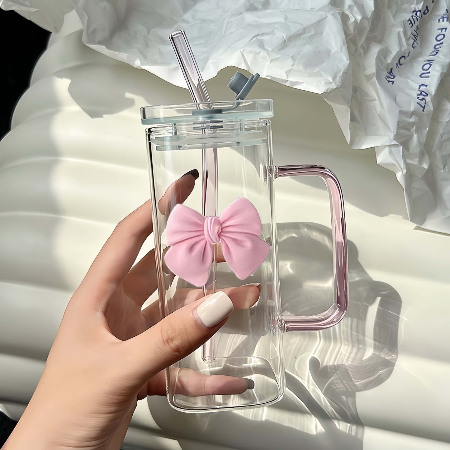New High Value Straw Cup Ins Style pink Bow Glass Cup Glass Cup with Lid and Straw