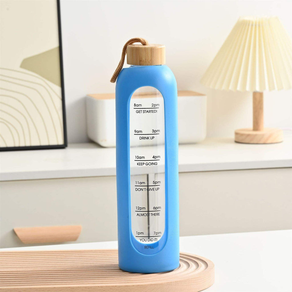 32 Oz Borosilicate Glass Water Bottle with Bamboo Lid | Leak-Proof Motivational Bottle with Silicone Sleeve