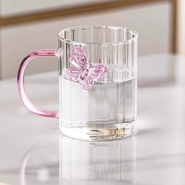 High Borosilicate 3d Butterfly Striped Glass Cup Creative Colored Handle Glass Mugs