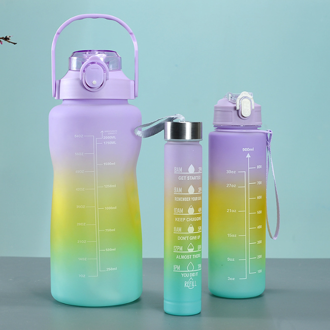 3-in-280ml/750ml/2000ml Capacity PP PC Silicon Food Grade Motivational Water Bottle with Time Marker One Click Open Cap