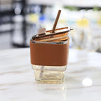 Seaygift 460ml Glass Coffee Mug with Leather Sleeve, Lid & amp; Straw