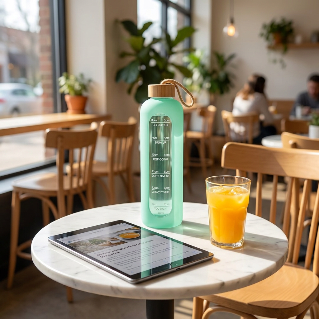 32 Oz Borosilicate Glass Water Bottle with Bamboo Lid | Leak-Proof Motivational Bottle with Silicone Sleeve