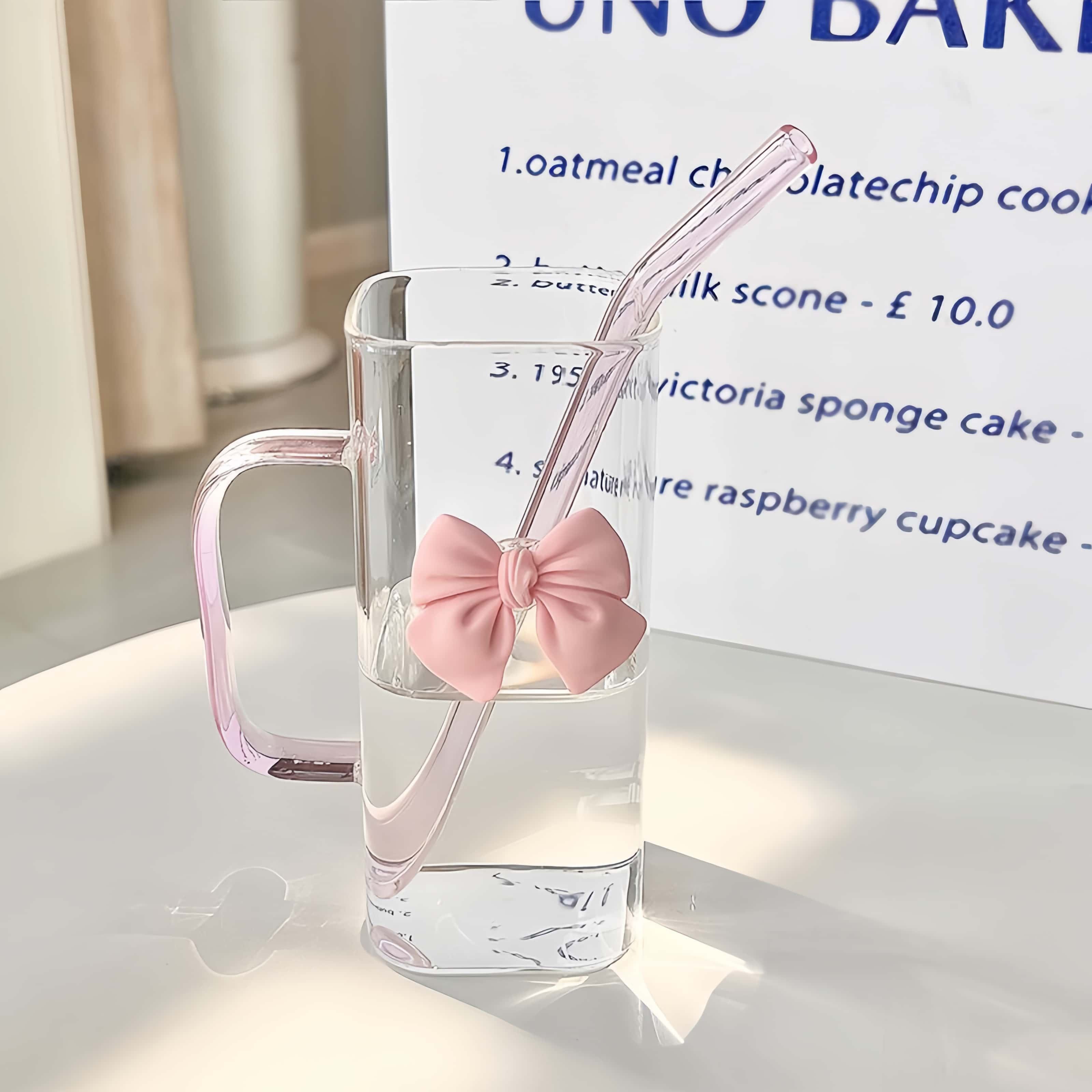 New High Value Straw Cup Ins Style pink Bow Glass Cup Glass Cup with Lid and Straw