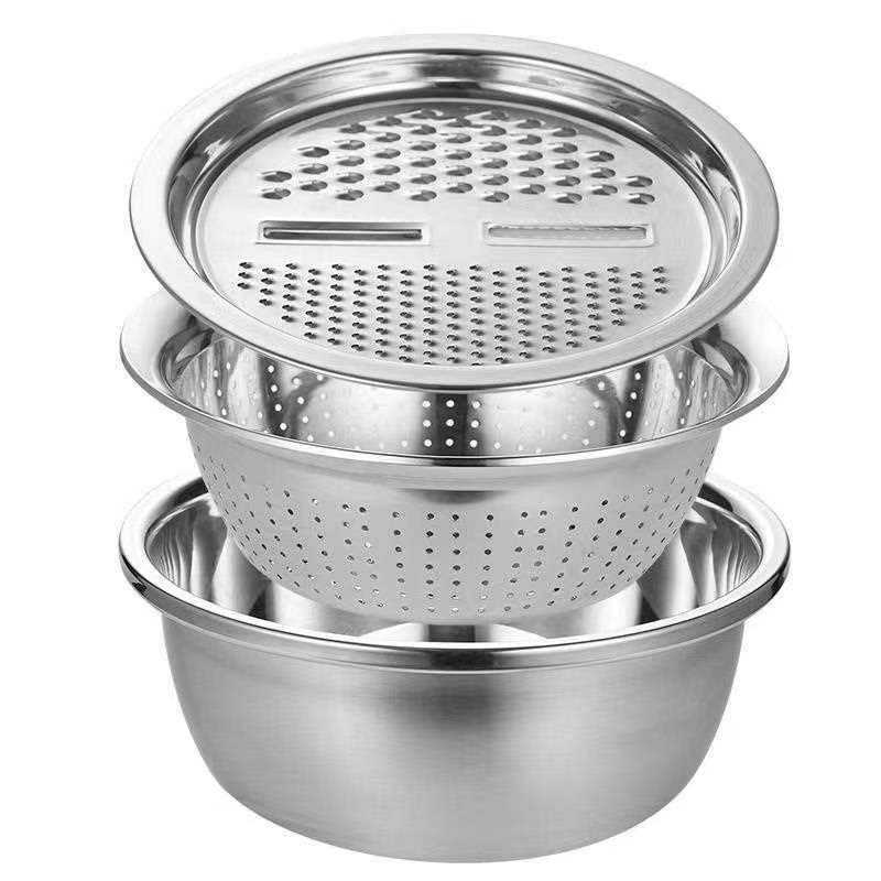 3pcs Stainless Steel Kitchen Tools Set – Chopper, Slicer, Grater &amp; Drain Basin