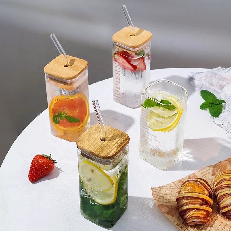 Hot Selling Borosilicate Glass Coffee Cup – Square Drinking Glass with Bamboo Lid &amp; Glass Straw